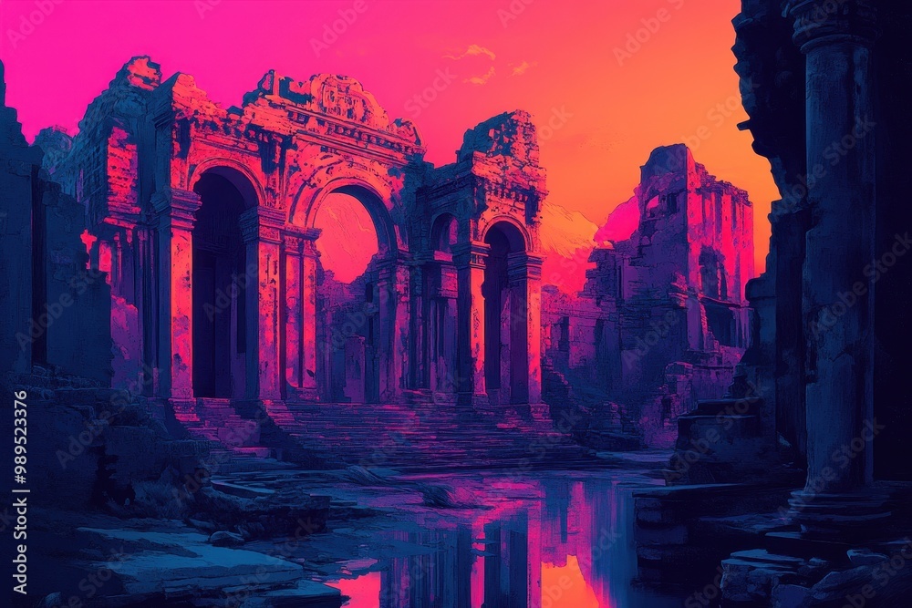 Ruins of a grand ancient structure with pillars and arches, painted in vibrant pink and blue hues Ruins of a grand ancient structure with pillars and arches, painted in vibrant pink and blue hues