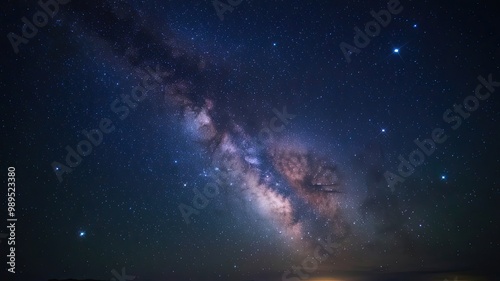 A photo of a night sky filled with stars. The Milky Way galaxy is visible, with a faint, glowing band of light stretching across the sky. There are also numerous individual stars of various sizes and 