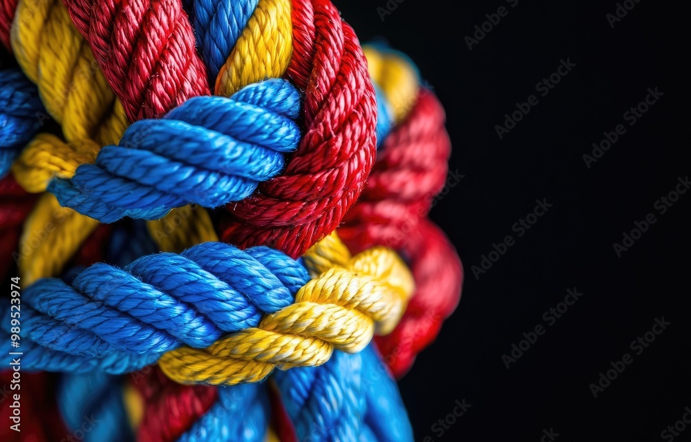 Close-Up of Coiled Marine Yarns in Red, Blue, and Yellow – Hyper-Realistic with Boat Rope on Black Background Close-Up of Coiled Marine Yarns in Red, Blue, and Yellow – Hyper-Realistic with Boat Rope on Black Background