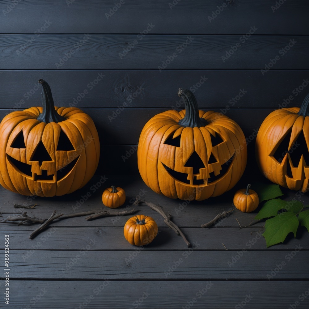 Creepy halloween pumpkins on wooden boards Creepy halloween pumpkins on wooden boards