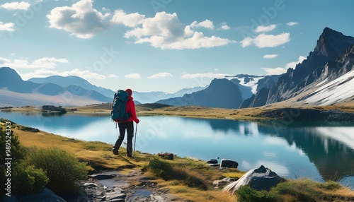 Tranquil Mountain Lake Reflected in Natures Serenity with a Hiker Immersed in the Wilderness Beauty