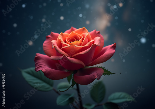 A single, delicately crafted rose with golden edges blooms against a backdrop of a shimmering night sky, symbolizing beauty, love, hope, and the magic of nature.