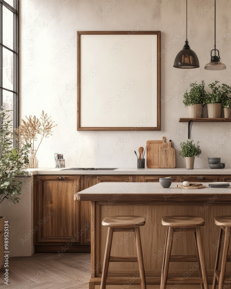 Farmhouse Kitchen Interior with Mock-Up Poster Frame in Rustic Style Farmhouse Kitchen Interior with Mock-Up Poster Frame in Rustic Style