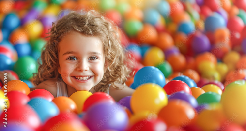 Obraz premium Happy child playing in colorful ball pit and smiling joyfully