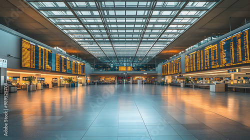 An empty European airport terminal flight boards showing numerous cancellations with only a few travelers. photo