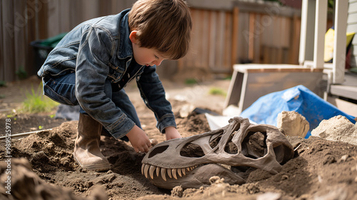 Young boy digging up dinosaur skull in backyard. photo