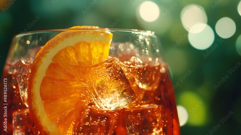 Aperol spritz cocktail with an orange slice and ice cubes in a glass on ...