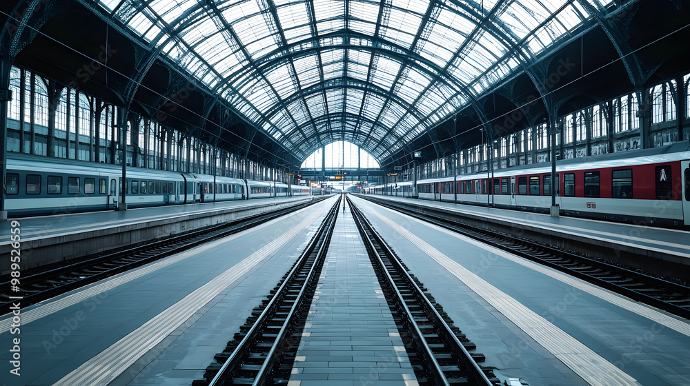 An empty European train station with a solitary train on the tracks and empty platforms signifying a drop in travel and movement. An empty European train station with a solitary train on the tracks and empty platforms signifying a drop in travel and movement.