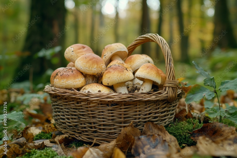 Freshly picked mushrooms in a woven basket on a forest floor surrounded by autumn foliage Freshly picked mushrooms in a woven basket on a forest floor surrounded by autumn foliage