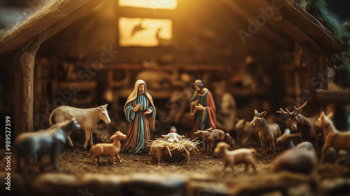 Nativity scene set in a rustic stable, illuminated by warm light, depicting the birth of Jesus Christ surrounded by animals and the Holy Family