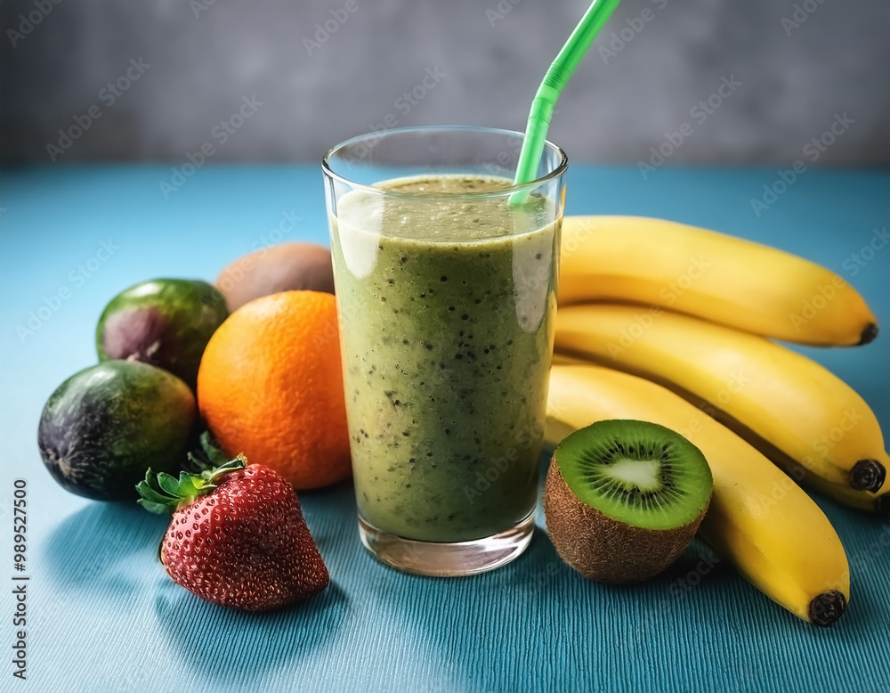 Smoothie Glass. A glass filled with fresh smoothie with fruits on the side Smoothie Glass. A glass filled with fresh smoothie with fruits on the side