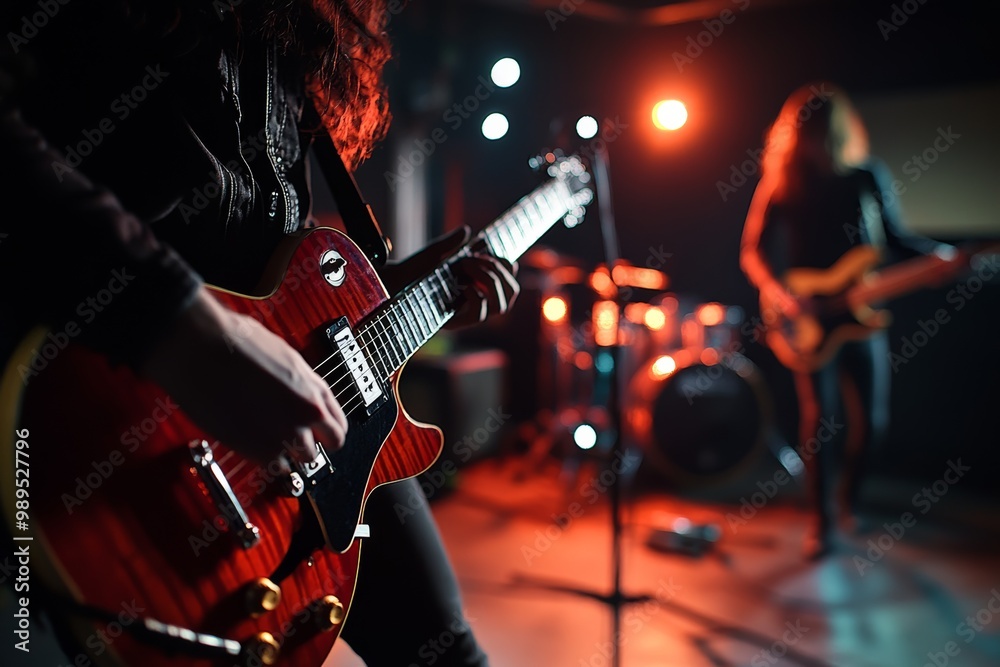 Obraz premium Musicians performing on stage with electric guitars and drums in a dimly lit venue during a live concert at night