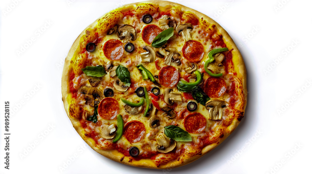 A pizza with pepperoni, mushrooms, and olives A pizza with pepperoni, mushrooms, and olives