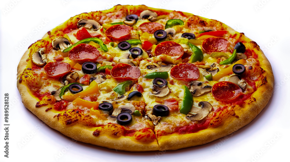 A pizza with pepperoni, mushrooms, and olives A pizza with pepperoni, mushrooms, and olives