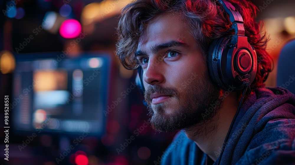 handsome man with headphone, neon color handsome man with headphone, neon color