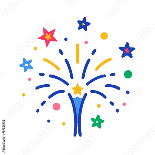 Firework graphic with colorful stars and confetti, celebratory illustration