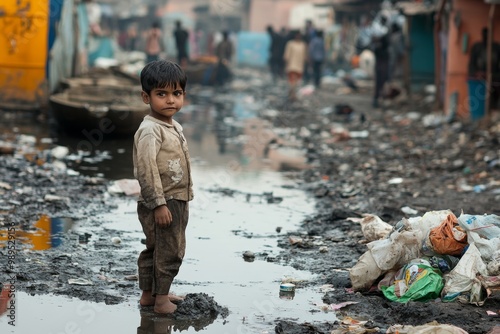 A young boy stands barefoot in a polluted alley of a crowded urban slum during daylight, surrounded by trash and dilapidated buildings photo