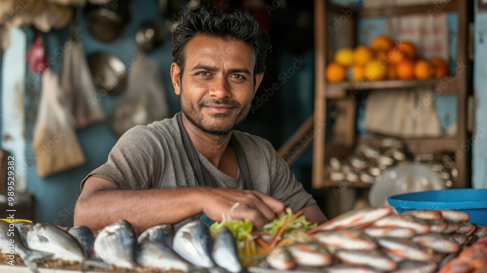 Cheerful Fishmonger at His Stall Cheerful Fishmonger at His Stall