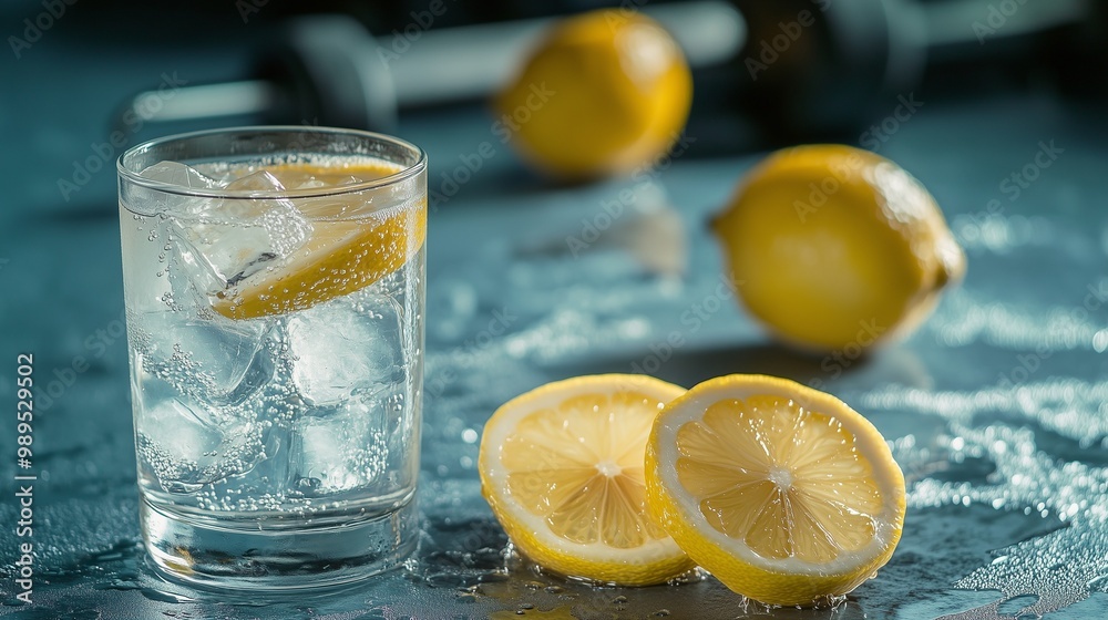 A cold BCAA (branched-chain amino acids) drink in a glass with ice and lemon slices, resting on a gym bench. The refreshing, hydrating drink is perfect for muscle recovery during or after a workout