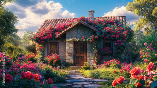 A cozy small house surrounded by a lush garden filled with blooming flowers. The house is made of rustic stone with a charming wooden door and windows, with vines of roses climbing up the walls