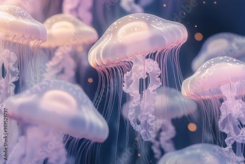 A group of soft pink jellyfish with long tentacles floating gracefully in the dark ocean depths.