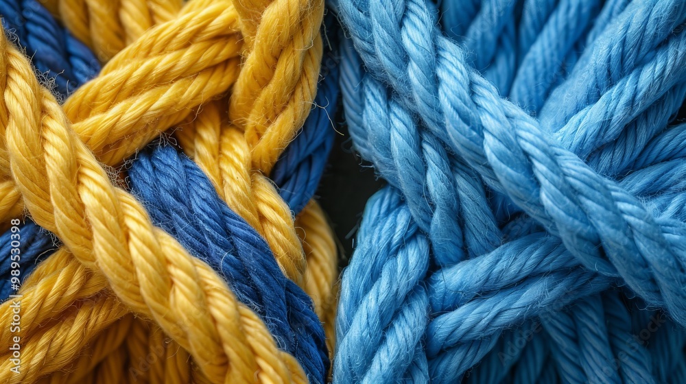 A vibrant arrangement of blue and yellow cotton threads is intertwined, showcasing the beauty of textile craftsmanship and the intricate patterns formed by the fibers A vibrant arrangement of blue and yellow cotton threads is intertwined, showcasing the beauty of textile craftsmanship and the intricate patterns formed by the fibers