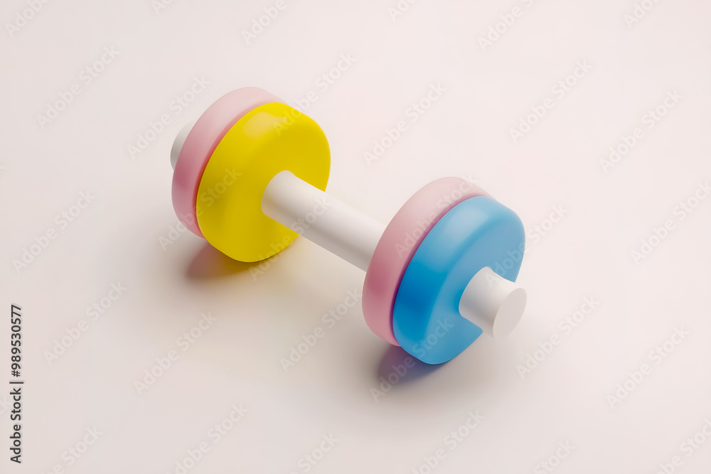White dumbbell with colors of yellow, blue, and pink on color background. White dumbbell with colors of yellow, blue, and pink on color background.