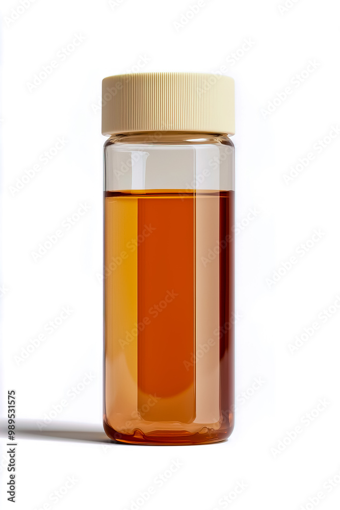 Liquid in a cylindrical glass bottle with a cream-colored lid, isolated on a white background.