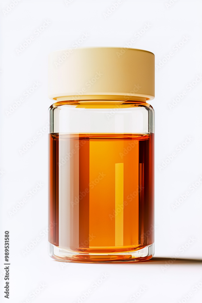 Liquid in a cylindrical glass bottle with a cream-colored lid, isolated on a white background. Liquid in a cylindrical glass bottle with a cream-colored lid, isolated on a white background.