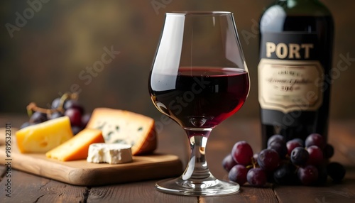 Elegant Glass of Port Wine with Cheese and Grapes in a Rustic Setting (Portuguese Cuisine)