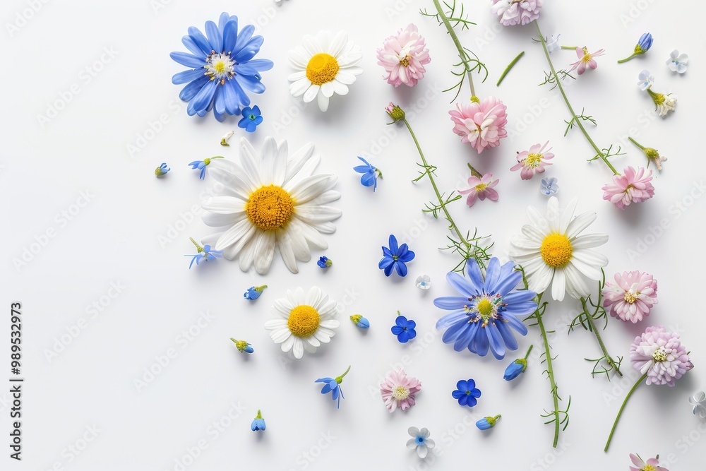 Obraz premium Festive flower composition with daisies and forget me nots on white background Top view copy space Celebratory occasions concept