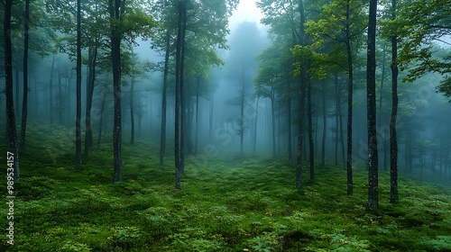 A misty forest scene with tall trees and lush greenery, creating a serene atmosphere.