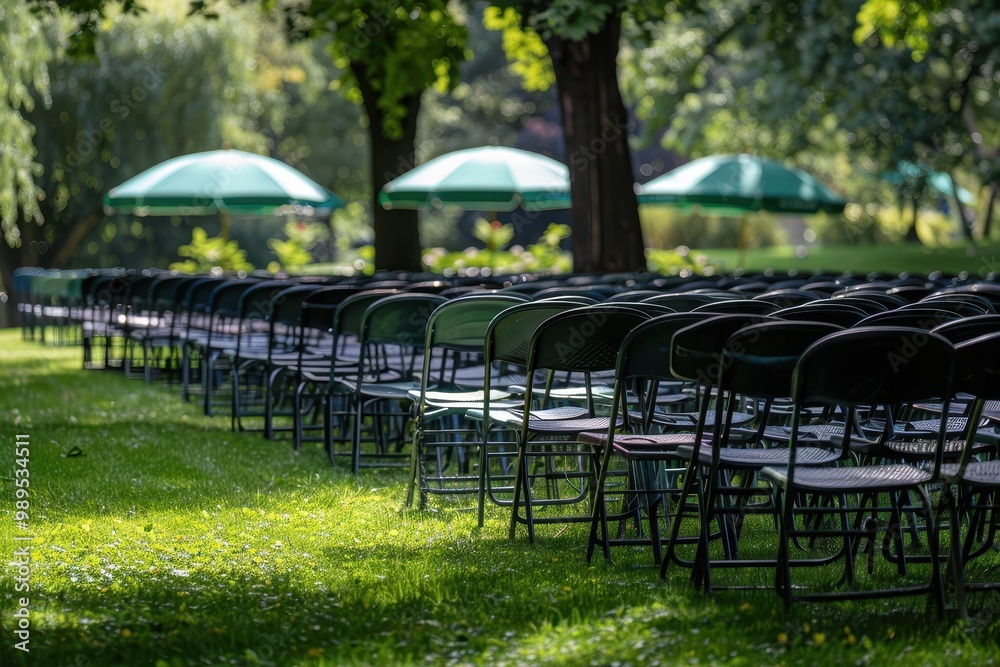 Many empty lawn chairs in park with collapsed umbrellas in summer Many empty lawn chairs in park with collapsed umbrellas in summer