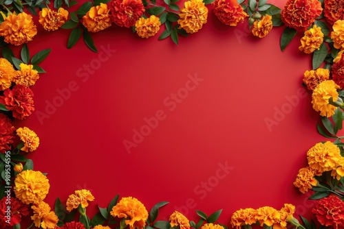 Marigold flower frame on red background for Diwali celebration photo