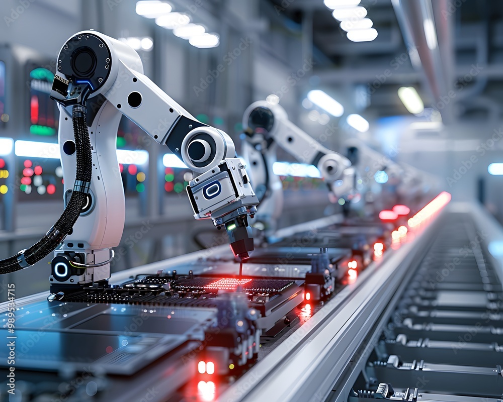 Fototapeta premium A modern robotic system operates on an assembly line, showcasing advanced technology and automation in a manufacturing environment.