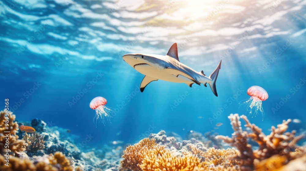 Fototapeta premium Shark Swimming Over Vibrant Coral Reef