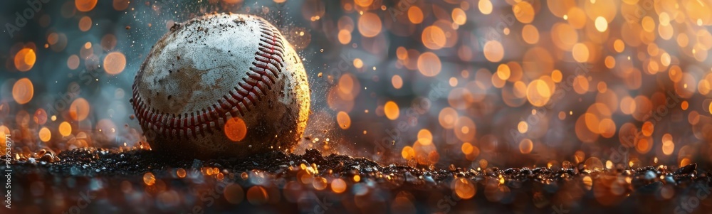 Baseball that is sitting on the ground in the rain, sport background, banner, copy space