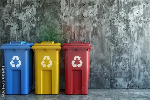 Three bins for plastic glass and paper sorting