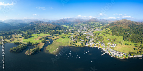 panorama aerial view of Ambleside, Windermere, Westmorland and Furness district of Cumbria, Lake Distract, UK