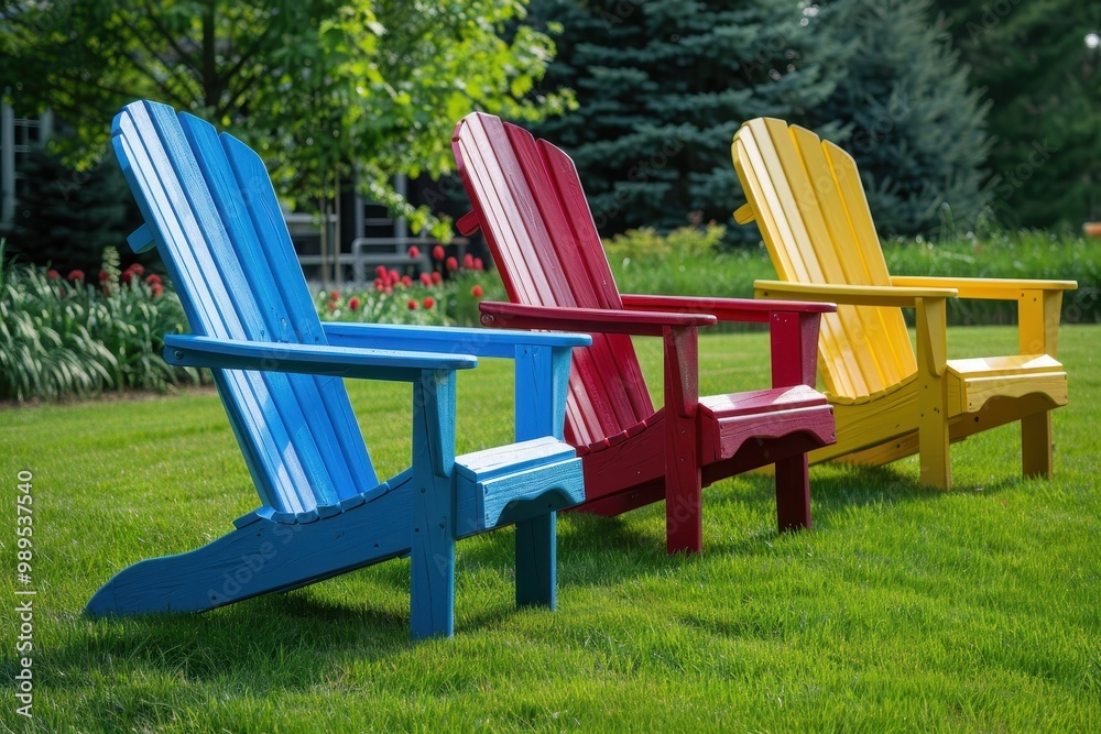 Vibrant Adirondack chairs on green resort lawn Vibrant Adirondack chairs on green resort lawn