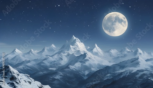 Lunar Serenity: Ethereal Full Moon Illuminating Snowy Mountain Peaks and Transforming the Landscape