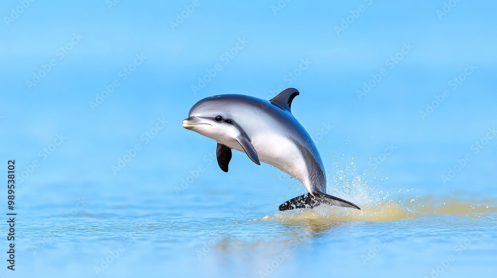 Obraz premium Dolphin Leaping Above Clear Blue Water Surface