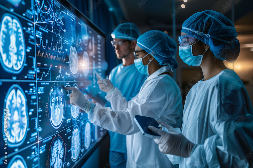 A team of surgeons studying clinical data and medical test results on interactive screens before the operation. Concept of medical team, surgical preparation, clinical research, and medical tecnology A team of surgeons studying clinical data and medical test results on interactive screens before the operation. Concept of medical team, surgical preparation, clinical research, and medical tecnology