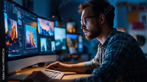 A graphic designer works at a computer.