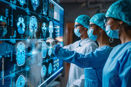 A team of surgeons studying clinical data and medical test results on interactive screens before the operation. Concept of medical team, surgical preparation, clinical research, and medical tecnology