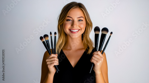 25-year-old makeup artist holding up makeup brushes and smiling. photo