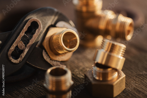 Brass plumbing fittings lying on an old wooden countertop, next to a tool, plumbing wrenches (selective focus)