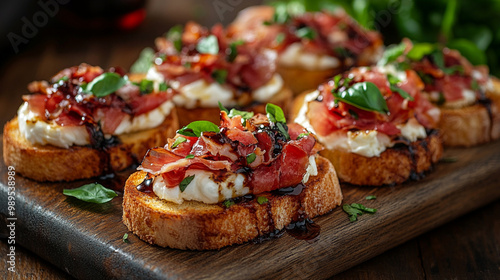 Italian bruschetta with prosciutto, burrata cheese and fresh basil. Small sandwiches or toasted crostini on rustic wooden board