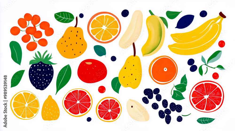 Illustration of various fruits, featuring clean lines and vibrant colors. Illustration of various fruits, featuring clean lines and vibrant colors.
