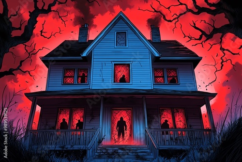 A spooky haunted house bathed in red-black light, with ghostly figures moving behind the cracked windows and shadows lurking at the door, in a haunted house fantasy artwork illustration photo